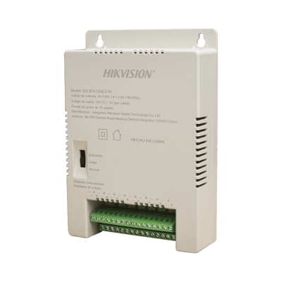 Fuente de Poder Regulada 12 Vcc / 13.5 Vcc / 15 Vcc para 16 Cámaras / 16 Amp (1 Amp por Salida) / Voltaje de Entrada 90 - 130 VCA / Soporta 4K / Modo para Largas Distancias