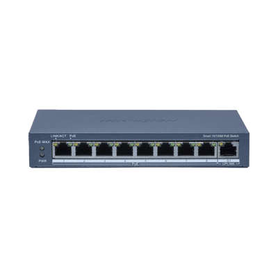 Switch PoE+ / Monitoreable / 8 Puertos 10/100 Mbps PoE+ / 1 Puerto 1000 Mbps Uplink /  Configuración Nube Hik-Partner Pro / Modo Extendido hasta 300 metros / 60 W