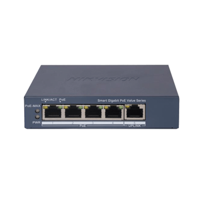 Switch Gigabit PoE+ / Monitoreable / 4 Puertos 1000 Mbps PoE+ / 1 Puerto 1000 Mbps Uplink / Configuración Nube Hik-PartnerPro / Modo Extendido hasta 300 Metros / 45 Watts