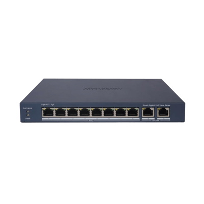 Switch Gigabit PoE+ / Administrable / 8 Puertos 1000 Mbps PoE+ / 2 Puertos 1000 Mbps de Uplink / Configuración Nube Hik-PartnerPro / Modo Extendido hasta 300 Metros / 60 W