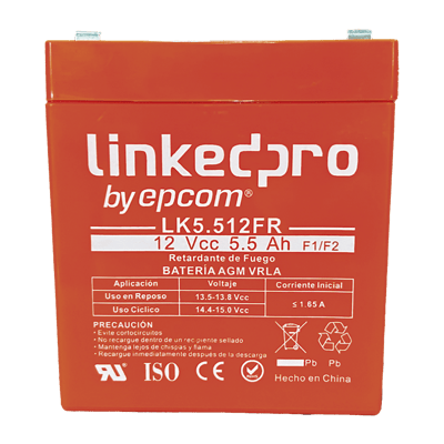 Batería de respaldo 12 V |  5.5 Ah |  AGM  | Certificada UL94-V0 Retardante a la Flama  | Especial para Seguridad Electrónica | UPS | Sistemas de Emergencia | Vida útil 5 años | Terminales F1  + Adaptador F2