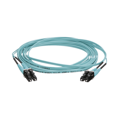 Jumper de Fibra Óptica Multimodo 50/125 OM4, LC-LC Duplex, OFNR (Riser), Color Aqua, 4 Metros (13.12 Pies)