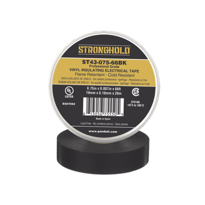 Cinta Eléctrica STRONGHOLD para Aislar, de PVC, Uso Profesional en Construcción Eléctrica, Grosor 0.18mm (7 mil), Ancho 19mm, y 20m Largo, Color Negro.