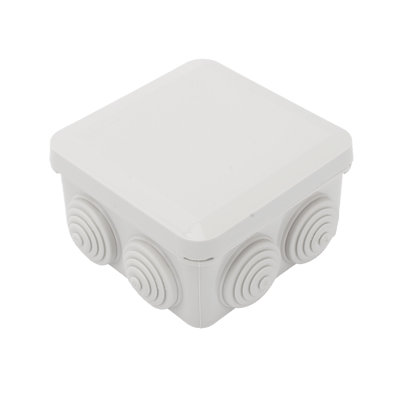 Caja Estanca, Derivación, Conexión de Plástico (89 X 89 X 50 mm) con 7 Glándulas de Goma. Para Instalaciones Comerciales,  Residenciales e Industriales. Cerrado a Presión.