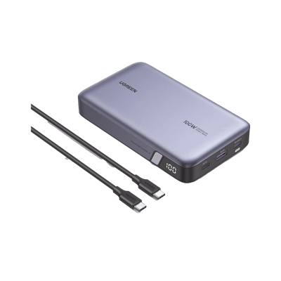 Power Bank de 20000mAh | 3 Salidas 100W Max. | USB-A + 2 USB-C | PD 3.0 | QC3.0 | FCP | SCP | Pantalla Inteligente | Carcasa Ignifuga | Color Gris | Incluye Cable USB de 50cm | Carga tu Laptop de Manera Segura.