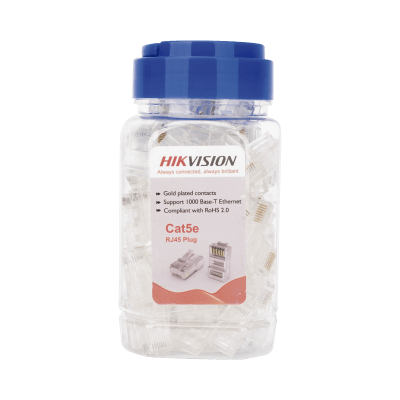 Bote con 100 Piezas de Plug Modular RJ45 / Cat 5e / Chapado en Oro a 15 Micras / Sin Blindaje / Facil Instalación / Uso Interior / Soporta Norma TIA-568B / Cumple con RoHS 2.0 · HIKVISION