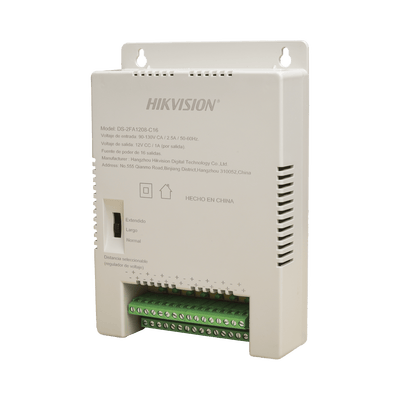 Fuente de Poder Regulada 12 Vcc / 13.5 Vcc / 15 Vcc para 16 Cámaras / 16 Amp (1 Amp por Salida) / Voltaje de Entrada 90 - 130 VCA / Soporta 4K / Modo para Largas Distancias · HIKVISION
