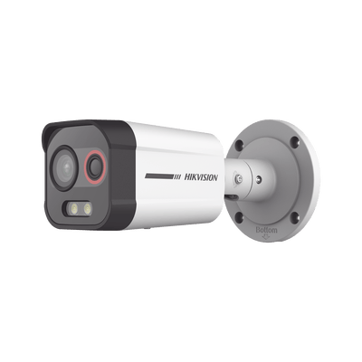 Cámara Bala IP Térmica y Óptica Biespectral / Análisis de Video (VCA) para Protección Perimetral / Clasifica Vehículo/Humano / Térmica 96 x 72 / Óptica 4 MP ColorVu / IP67 / Audio y Alarma Visual · HIKVISION