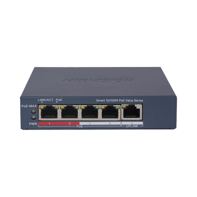 Switch PoE+ / Monitoreable / 4 Puertos 10/100 Mbps PoE+ / 1 Puerto 10/100 Mbps Uplink / Configuración Nube Hik-PartnerPro / Modo Extendido hasta 300 Metros /  45 W · HIKVISION