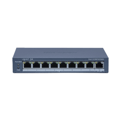 Switch PoE+ / Monitoreable / 8 Puertos 10/100 Mbps PoE+ / 1 Puerto 1000 Mbps Uplink /  Configuración Nube Hik-Partner Pro / Modo Extendido hasta 300 metros / 60 W · HIKVISION