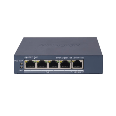Switch Gigabit PoE+ / Monitoreable / 4 Puertos 1000 Mbps PoE+ / 1 Puerto 1000 Mbps Uplink / Configuración Nube Hik-PartnerPro / Modo Extendido hasta 300 Metros / 45 Watts · HIKVISION