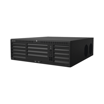 [Doble Poder de Decodificación] NVR 32 Megapixel (8K) / 128 Canales IP / AcuSense / ANPR / Conteo de Personas / 16 Bahías de Disco Duro / 2 Tarjetas de Red / Soporta RAID con Hot Swap / 2 HDMI en 8K / POS / Alarmas I/O  / Smart Search · HIKVISION