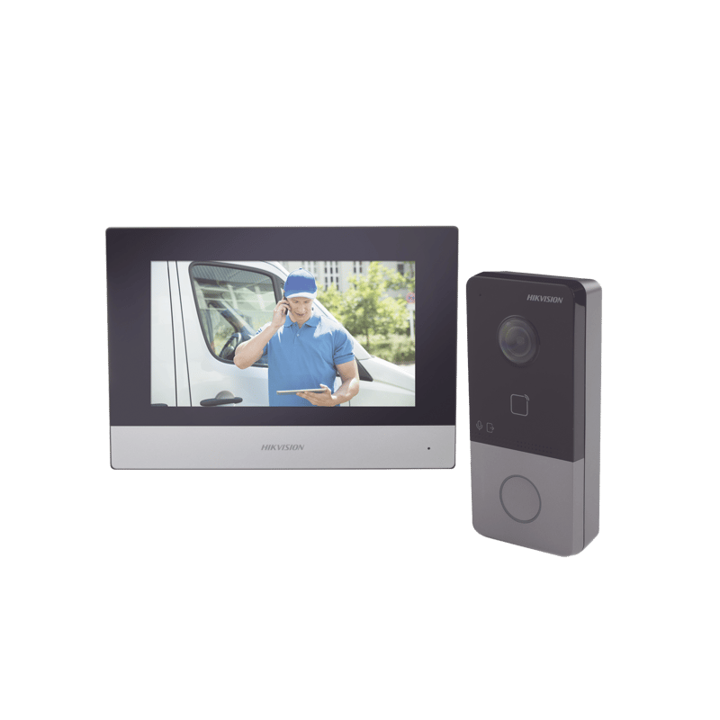 Kit de Videoportero IP Poe Estandar con llamada a App de Smartphone (HikConnect) / Apertura con tarjeta MIFARE / Frente de calle IP65 / Soporta 1 Departamento · HIKVISION