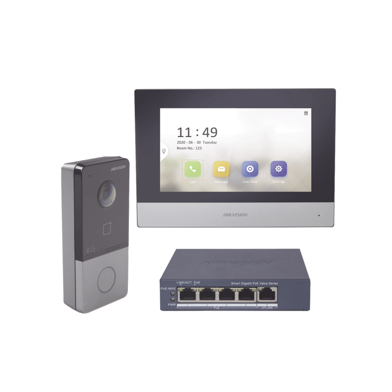 Kit de Videoportero IP + Switch Poe Poe Estandar con llamada a App de Smartphone (HikConnect) / Apertura con tarjeta MIFARE / Frente de calle IP65 / Soporta 1 Departamento · HIKVISION