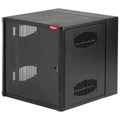 Gabinete AccessPlus de 12 UR Montaje en Pared de 19in, Rieles Numerados y Roscados #10-32, Puerta con Ventana de Seguridad, 600 mm de Ancho, 762 mm de Profundidad, 12 UR, Color Negro · HOFFMAN