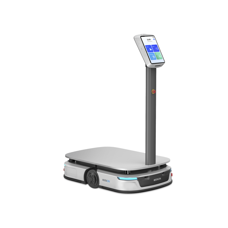 Robot de Transporte Industrial / Capacidad 100+ kg / Autonomía 8 Horas / Velocidad 1 m/s / Batería Intercambiable / Navegación LiDAR + Visión Estéreo / 3 Paradas de Emergencia / Plug-and-Play · KEENON