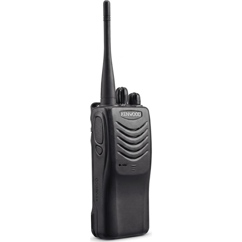 Radio portátil profesional VHF 136-174 MHz · 5 W · 16 canales · MIL-STD-810 · IP54 · VOX · Batería 12 hrs · 3 años de garantía. Incluye antena, batería, cargador y clip · KENWOOD