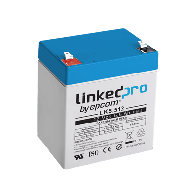 Batería de respaldo 12 V  |  5.5 Ah  |  AGM | Especial para Seguridad Electrónica | UPS | Sistemas de Emergencia  | Vida útil 5 años | Terminales F1  + Adaptador F2 · LINKEDPRO BY EPCOM