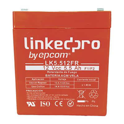 Batería de respaldo 12 V |  5.5 Ah |  AGM  | Certificada UL94-V0 Retardante a la Flama  | Especial para Seguridad Electrónica | UPS | Sistemas de Emergencia | Vida útil 5 años | Terminales F1  + Adaptador F2 · LINKEDPRO BY EPCOM