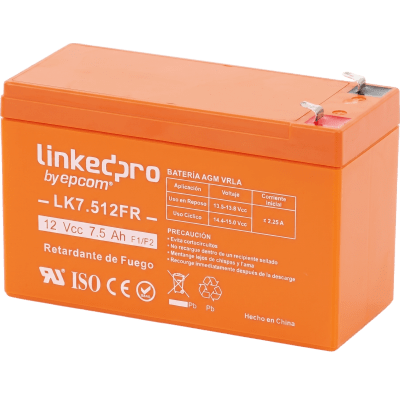 Batería de respaldo 12 V | 7.5 Ah |  AGM | Certificada UL94-V0 Retardante a la Flama  | Especial para Seguridad Electrónica | UPS  | Sistemas de Emergencia  | Vida útil 5 años | Terminales F1  + Adaptador F2 · LINKEDPRO BY EPCOM