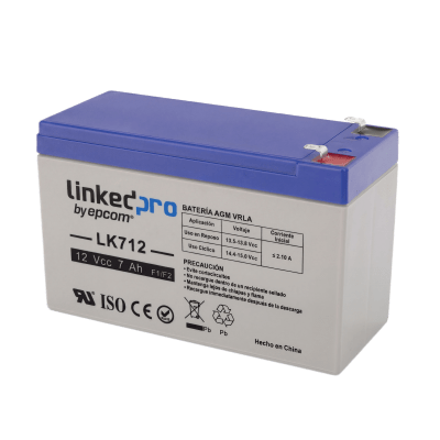 Batería de respaldo 12 V | 7 Ah | AGM | Especial para Seguridad Electrónica | UPS | Sistemas de Emergencia  | Vida útil 5 años | Terminales F1  + Adaptador F2 · LINKEDPRO BY EPCOM