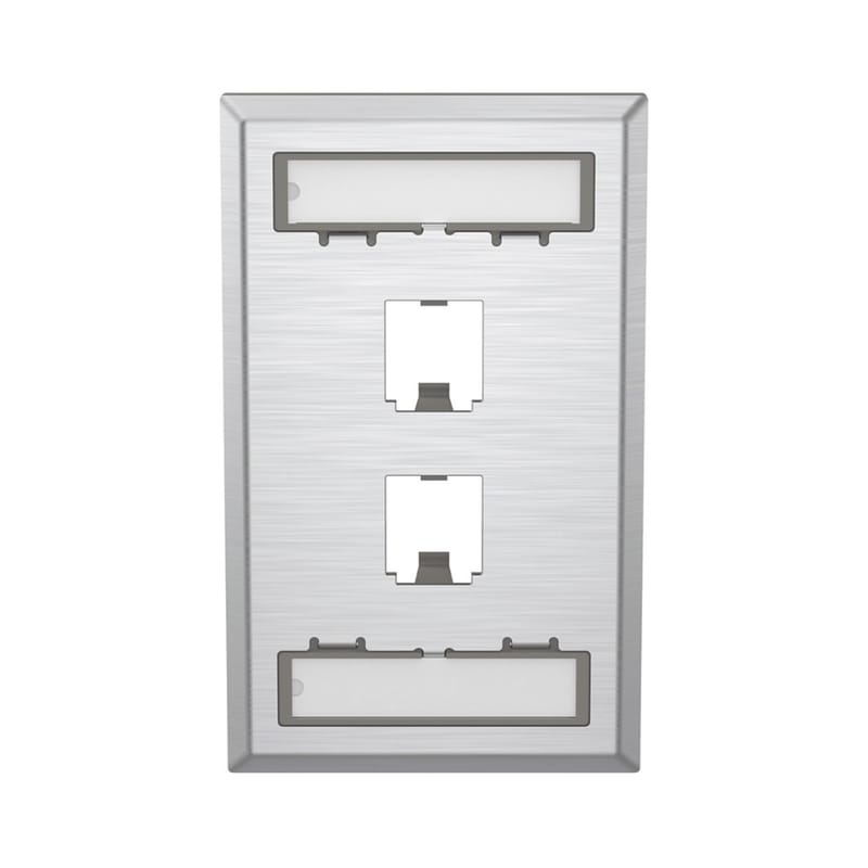 Placa de Pared Vertical, de Acero Inoxidable, Salida Para 2 Puertos Mini-Com, Con Espacios Para Etiquetas · PANDUIT