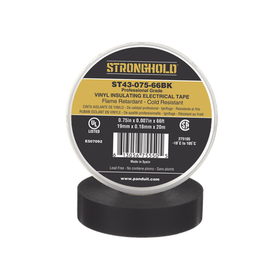 Cinta Eléctrica STRONGHOLD para Aislar, de PVC, Uso Profesional en Construcción Eléctrica, Grosor 0.18mm (7 mil), Ancho 19mm, y 20m Largo, Color Negro. · PANDUIT