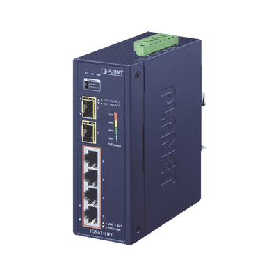 Switch PoE Industrial No Administrable de 4 Puertos PoE 10/100/1000T 802.3at, 2 Puertos SFP 10/1000X · PLANET