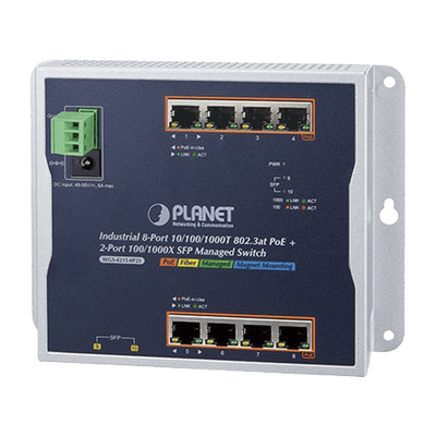 Switch Industrial PoE Administrable de Pared Capa 2, 8 Puertos Gigabit PoE 802.3at y 2 Puertos 100/1000X SFP · PLANET