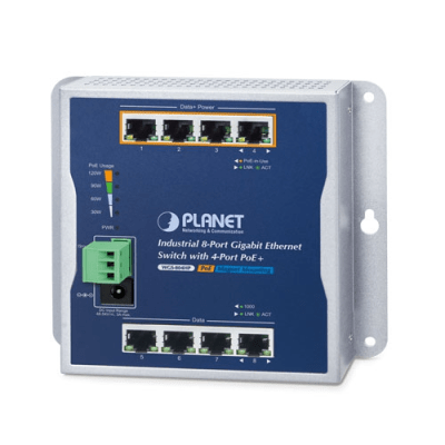 Switch Industrial No Administrable, Múltiple Montaje (Pared, Riel DIN y Magnético), 8 Puertos Gigabit con 4 puertos PoE 802.3at, Hasta 120 W. · PLANET