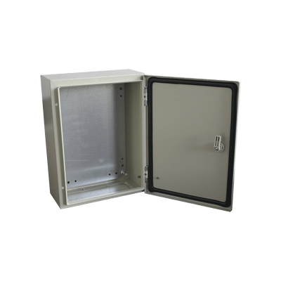 Gabinete de Acero IP66 Uso en Intemperie (300 x 400 x 200 mm) con Placa Trasera Interior de Metal y Compuerta Inferior Atornillable (Incluye Chapa y Llave T). · PRECISION