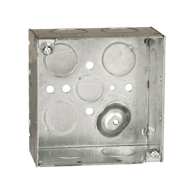 Caja Cuadrada Galvanizada  de 4 x 4" / Profundidad 2 1/8 / 11 Entradas de 3/4" y 1 de 1/2". · RACO