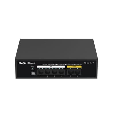 Switch PoE+ no Administrable, 6 Puertos 10/100 Mbps, hasta 54 Watts · RUIJIE