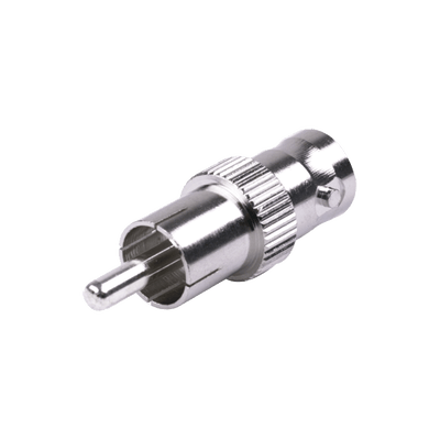 Adaptador de BNC Hembra a RCA Macho en 50 Ohm para Fono, uso en Aplicaciones de Audio-Video, Níquel/ Plata/ Delrin. · RF INDUSTRIES,LTD