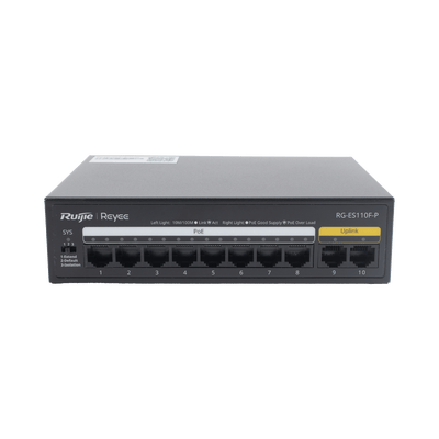 Switch PoE+ no Administrable, Hasta 110 Watts, 8 puertos PoE+ y 2 Uplinks 10/100 · RUIJIE