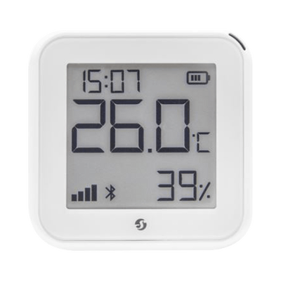 Pantalla Sensor de temperatura y humedad, inteligente e inalámbrico, integrable a la App de Shelly. · SHELLY