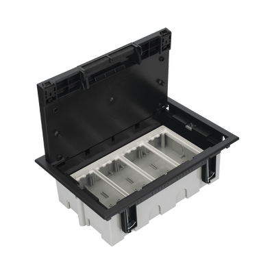 Caja Para Instalación en Piso Falso para Voz, Datos o Contactos Eléctricos / Capacidad para 4 Módulos / Espacio Embellecedor en la Tapa / Profundidad Ajustable de 90 a 120 mm (3.54 a 4.72 pulgadas) / Los Módulos se Adquieren Aparte / (SF410/14CY) · SIMON