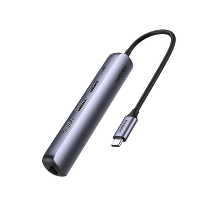 HUB USB-C (Docking Station) 5 en 1 | Ultra Delgado | 2 USB-A 3.1 a (5 Gbps) | HDMI 4K@60Hz | RJ45 (Gigabit Ethernet) | USB-C PD Carga Rápida 100W | Soporta OTG | Chips Inteligentes | Pequeño y Ligero | Caja de Aluminio. · UGREEN
