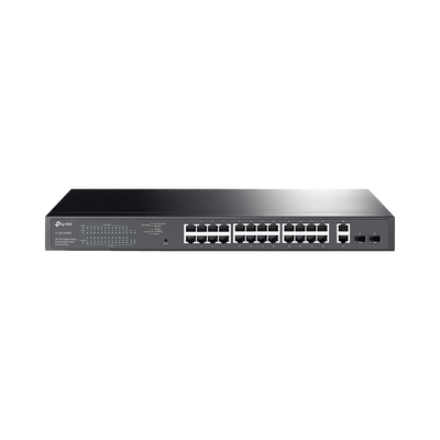 Switch PoE Administrable 24 puertos 10/100/1000 Mbps / 2 puertos SFP / 24 puertos PoE af/at / Presupuesto PoE 250W / · TP-LINK