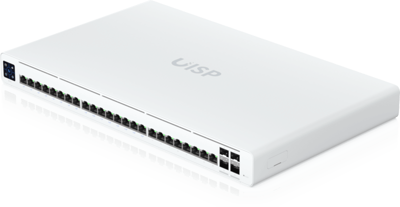 UISP Switch Pro – Switch PoE de 220 W (27 V) con 24 Puertos GbE, 16 Puertos PoE Pasivo 27 V y 4 Puertos SFP+ 10G · UBIQUITI