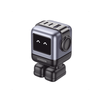 Cargador RobotGaN de 65W Serie UNO | 3 Puertos de Carga Rápida | 2 USB-C | 1 USB-A | PD 3.0 | QC 4.0 | Carga Inteligente | Tecnología GaN II | Zapato Magnético Extraíble | Carcasa Ignífuga | Pantalla LED · UGREEN