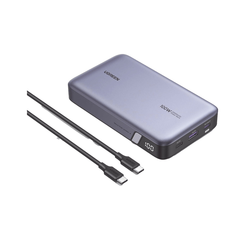 Power Bank de 20000mAh | 3 Salidas 100W Max. | USB-A + 2 USB-C | PD 3.0 | QC3.0 | FCP | SCP | Pantalla Inteligente | Carcasa Ignifuga | Color Gris | Incluye Cable USB de 50cm | Carga tu Laptop de Manera Segura. · UGREEN
