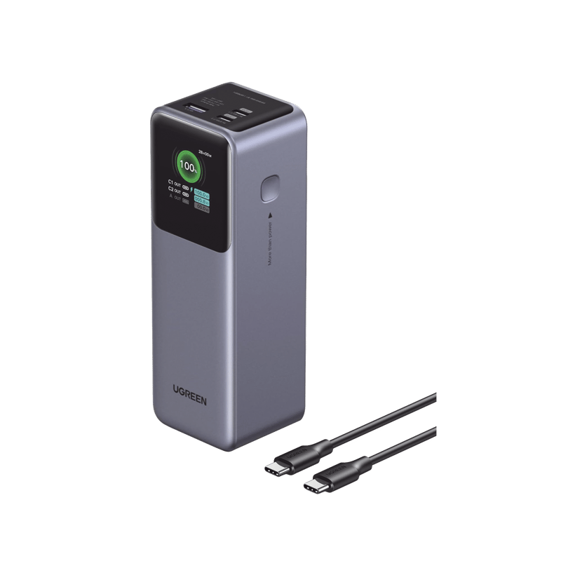 Power Bank de 25000mAh | 3 Salidas 200W Max. | USB-A + 2 USB-C | PD 3.0, QC3.0 | FCP | SCP | Pantalla Inteligente | Carcasa Ignifuga | Color Gris | Incluye Cable USB de 50cm | Carga tu Laptop de Manera Segura. · UGREEN