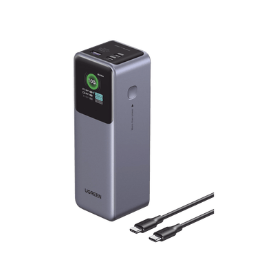 Power Bank de 25000mAh | 3 Salidas 200W Max. | USB-A + 2 USB-C | PD 3.0, QC3.0 | FCP | SCP | Pantalla Inteligente | Carcasa Ignifuga | Color Gris | Incluye Cable USB de 50cm | Carga tu Laptop de Manera Segura. · UGREEN