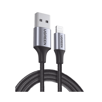 Cable USB-A a Lightning | 1 Metro (3.28 Pies) | Certificado MFi | Carga Rápida 5V/2.4 A | 480 Mbps | Conector C94 | Adecuado para iPhone, iPad y iPod | Protección Integrada | Caja de Aluminio | Nylon Trenzado | Color Negro · UGREEN