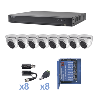 KEVTX8T8EW-EPCOM PROFESSIONAL-KIT TurboHD 1080p / DVR 8 Canales / 8 Cámaras Eyeball (exterior 2.8 mm) / Transceptores / Conectores / Fuente de Poder Profesional hasta 15 Vcc para Larga Distancia