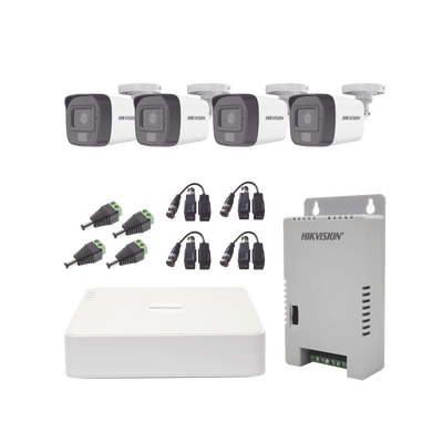 KH1080P4BSFH-HIKVISION-Kit TURBOHD 1080p / DVR 4 Canales / 4 Cámaras con Micrófono Integrado y 101° Visión / Luz Blanca + IR Visión Nocturna / Transceptores / Conectores / Fuente de Poder Profesional Compacta