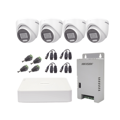 KH1080P4ESFH-HIKVISION-KIT TurboHD 1080p / DVR 4 Canales con audio por coaxitron / 4 Cámaras con Micrófono y  106° Visión/  luz blanca + IR visión nocturna  / Transceptores / Conectores / Fuente de Poder Profesional