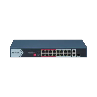 DS-3E0318P-E/M(C)-HIKVISION-Switch PoE+ / No Administrable / 16 Puertos 100 Mbps PoE+ / 2 Puerto 1000 Mbps Uplink + 1 Puerto SFP Uplink / PoE hasta 300 Metros / 130 Watts